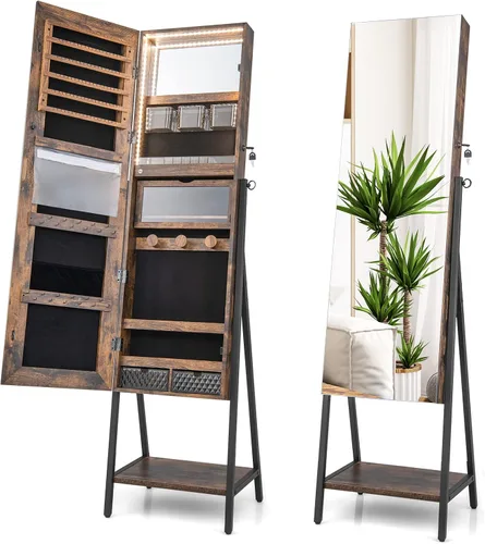 Vista 9 de CHARMAID Armario de Joyería de Pie con Espejo de Cuerpo Entero, Organizador de Gabinete de Joyería con Cerradura y Luces, 3 Modos de Iluminación