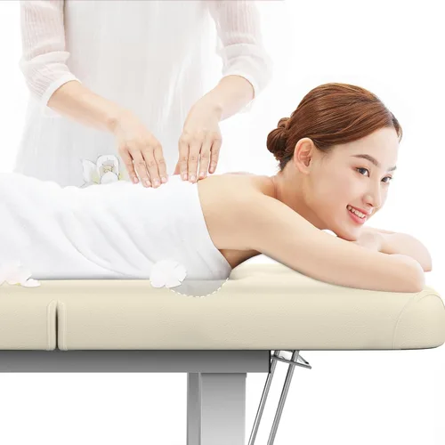 Vista 3 de Mesa de masaje estacionaria ancha y gris beige con respaldo para mesa de tratamiento, mesa de terapia física, cama facial de spa, marco de metal