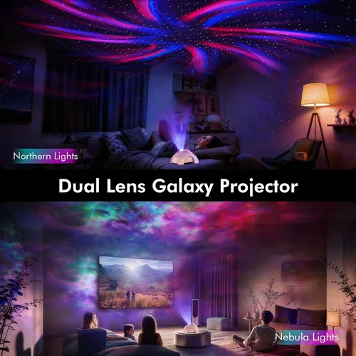 Vista 2 de Rossetta Proyector de galaxia de doble lente, proyector de estrellas para dormitorio con ruido blanco y altavoz Bluetooth, control remoto