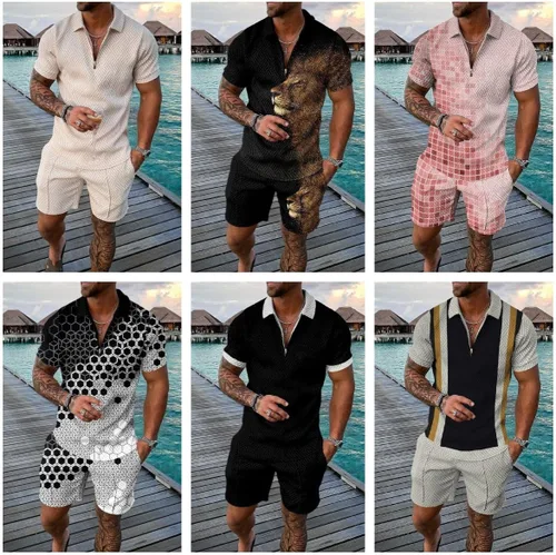 Vista 5 de Conjunto corto de 2 piezas para hombre, camiseta polo, conjunto casual de verano de manga corta y pantalones cortos para hombre