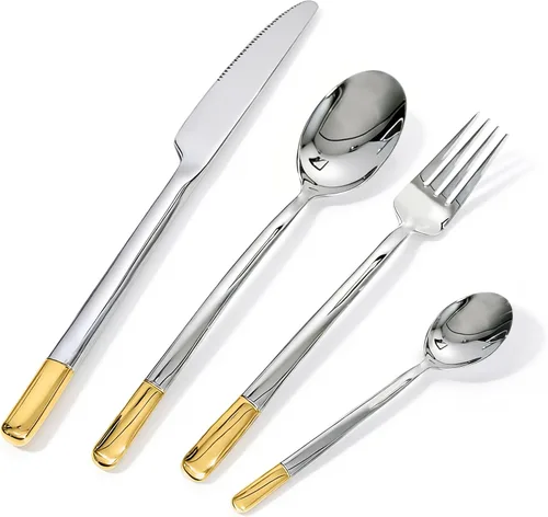 Vista 8 de Juego de cubiertos de 20 piezas para 4, juego de cubiertos de acero inoxidable con mango de madera de alta calidad, incluye tenedor, cuchillo Marrón