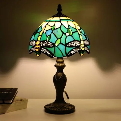 Vista 12 de Lámpara de mesa de hongo Tiffany estilo libélula lámpara de acento de vidrio teñido azul marino base de vidrio marrón azul 8X8X12 pulgadas