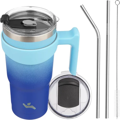 Vista 55 de Konokyo - Vaso de 10 onzas con asa y 2 popotes, 2 tapas, botella de agua aislada de acero inoxidable, taza de viaje reutilizable, color verde militar