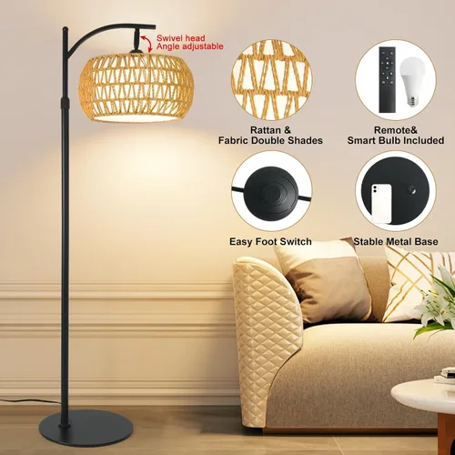 Vista 4 de Lámpara de pie de ratán boho con pantalla - Bombilla LED brillante de 12 W, altura ajustable de 48-60 pulgadas, control remoto con 3 temperaturas