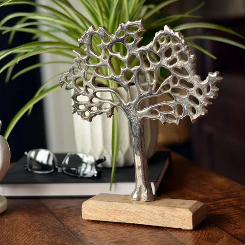 Vista 9 de WHW Whole House Worlds Figura icónica del árbol de la vida, hecha a mano, aluminio plateado, base de madera de mango, 9.75 pulgadas