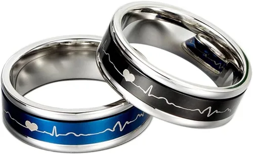 Vista 5 de Romántico juego pareja anillos titanio acero boda bandas negro azul cómodo ajuste giratorio ECG Heartbeat su y su promesa regalos especiales