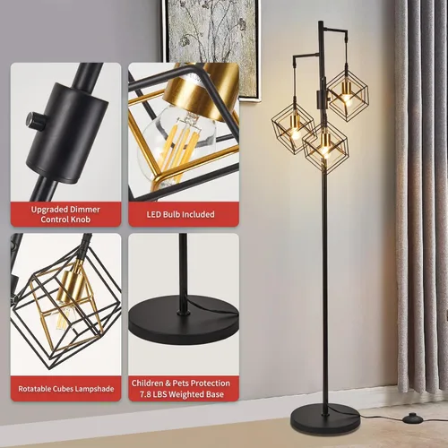 Vista 4 de Lámpara de pie regulable para sala de estar, lámpara de pie rústica de 3 luces, lámpara de pie moderna y brillante, lámpara de pie industrial