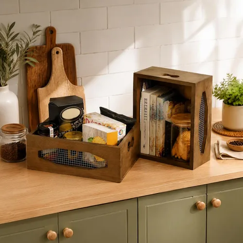 Vista 6 de Okllen Juego de 2 cestas de madera anidables para encimera, caja de almacenamiento decorativa de madera rústica con asas recortadas para pan