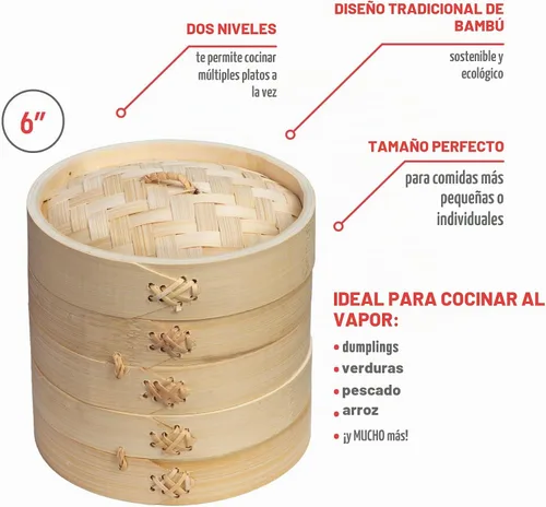 Vista 2 de Joyce Chen Cestas de vapor de bambú de 2 niveles, 6 pulgadas