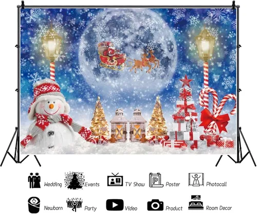 Vista 3 de Telón de fondo de Navidad de 10 x 8 pies para sesión de fotos, muñeco de nieve de invierno, luna llena, noche de Papá Noel, fondo de Papá Noel