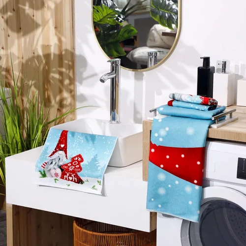 Vista 2 de Preboun Juego de 3 toallas de baño navideñas de gnomo, toallas de mano con árbol de Navidad, toallas de baño con copos de nieve de invierno, toallas