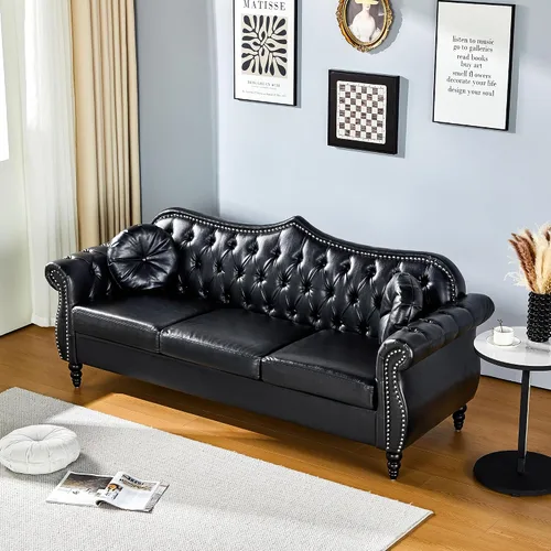 Vista 7 de AVZEAR 82" Sofá de tres plazas de cuero, sofá Chesterfield, sofá tapizado en PU de estilo moderno de mediados de siglo, sofá de sala de estar