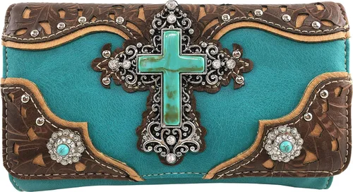 Vista 3 de Zelris turquesa Rhinestone Cruz Occidental mujeres Crossbody muñeca Trifold cartera