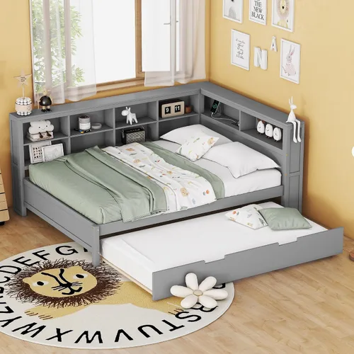 Vista 32 de Sofá cama de madera de tamaño matrimonial con 2 armarios de noche, estantes superiores y 4 cajones, marco de madera resistente, espacio de Marrón