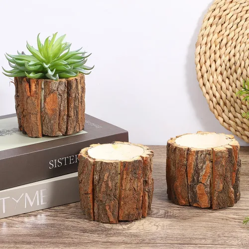 Vista 2 de Housoutil Jarrón de madera para centros de mesa, paquete de 3 macetas rústicas de tocón de árbol, cubo de flores de corteza de madera para bodas