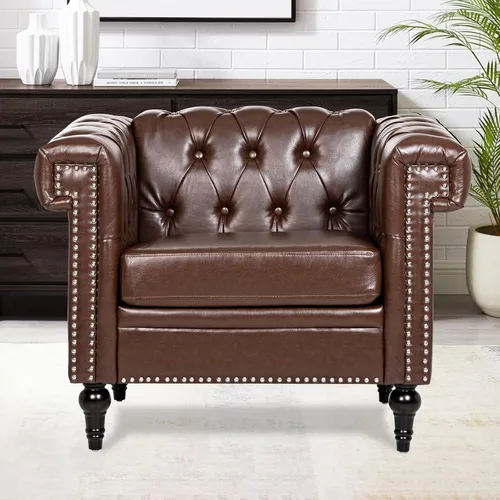 Vista 13 de Sofás negros para sala de estar, moderno sofá Chesterfield copetudo, asiento profundo, cómodo sofá de piel sintética, brazos enrollados plisados