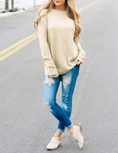 Vista 3 de MEROKEETY Suéteres de manga larga casuales para mujer 2025 con cuello redondo suelto, suéteres de punto estilo pulóver para otoño e invierno Beige