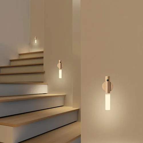 Vista 2 de LANDGOO Luces nocturnas con sensor de movimiento de madera, imán y sensor de cuerpo, luces nocturnas para pasillo, luz LED recargable, escalera