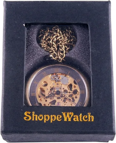 Vista 6 de ShoppeWatch Reloj de bolsillo mecánico de viento de mano estilo steampunk de cara abierta con cadena - PW12, Mecánico