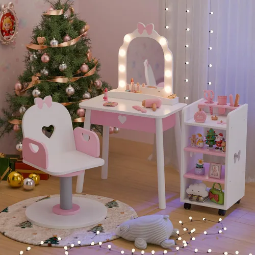Vista 9 de Juego de tocador azul para niños con luz y silla de barbero, tocador de maquillaje con estante de almacenamiento y juego de peluquería, juego de 7