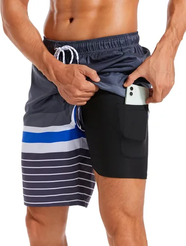 Vista 37 de Difficort - Traje de baño para hombre con forro de compresión, pantalones cortos de secado rápido con bolsillos con cremallera 1-a/ Rayas negras