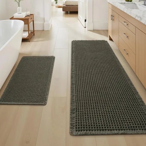 Vista 65 de AMOAMI Tapete de baño mejorado con diseño de gofre, súper absorbente, antideslizante, para suelo de baño, lavable a máquina, con borlas, tapetes