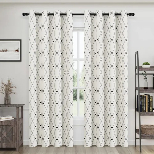 Vista 14 de Joywell Cortinas jacquard con ojales para sala de estar, 108 pulgadas de largo, línea ondulada negra con patrón de puntos, cortinas bordadas