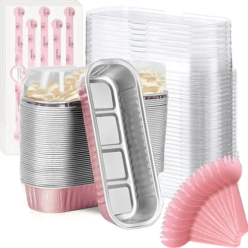 Vista 23 de Findful Mini Moldes para Hornear Pan con Tapas y Cucharas (Paquete de 50, 6.8oz) Moldes Rectangulares de Papel de Aluminio para Hornear Recipientes
