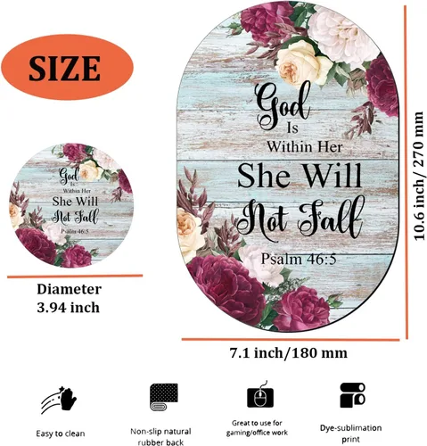 Vista 6 de Alfombrilla de mouse personalizada para juegos y combinación de posavasos, diseño de flor de la Biblia Salmo 46-5, base de goma antideslizante