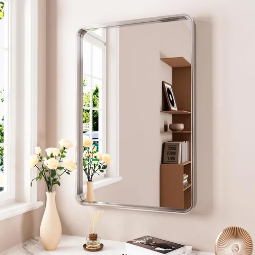 Vista 62 de JISOSO - Espejo de baño negro de 20x30 pulgadas con marco de metal negro, espejo de tocador rectangular redondeado con acabado mate para pared