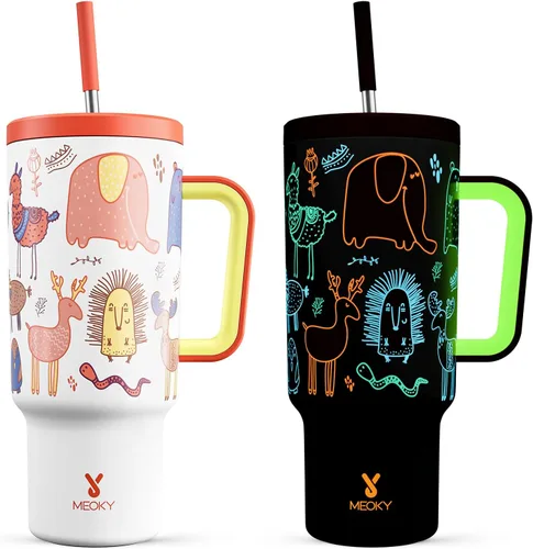 Vista 38 de Meoky - Vaso de 30 oz con asa, tapa y pajilla, taza de viaje térmica de acero inoxidable 100% a prueba de fugas, para portavasos, mantiene el frío