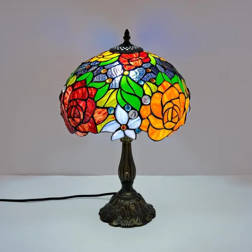 Vista 6 de Tiffany Style Stained Glass Table Lamp, Floral Pattern Desk Light with Antique Bronze Resin Base, Red Roses Decorative Lighting for Bedroom, Living