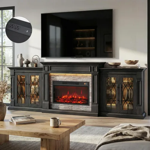 Vista 10 de Soporte de TV con chimenea de 72 pulgadas con toma de corriente y LED, chimenea eléctrica con repisa, centro de entretenimiento con almacenamiento