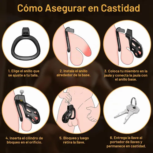 Vista 4 de Dispositivos de castidad masculina jaula para pene – Jaula de castidad grande integrada con bloqueo invisible vertical integrado con 3 anillos base