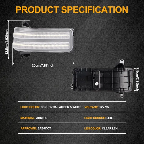 Vista 12 de Gempro Luces LED Secuenciales Ámbar de Espejo Lateral Marcador Señales de Giro Luces Blancas de Estacionamiento y Carga Switchback Lámparas