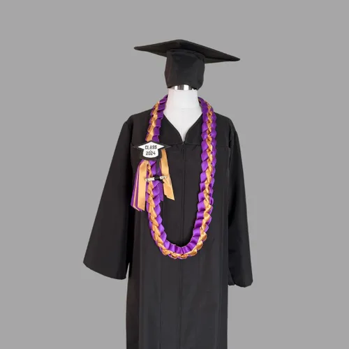Vista 2 de Leis de graduación 2025 con soporte para dinero, añade el tuyo (morado y oro viejo)