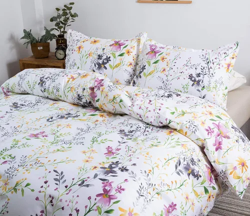 Vista 3 de Eikei Windflower Bedding Bloomfield - Juego de funda de edredón floral de 3 piezas de algodón botánico con naturaleza, vides, ramas, pájaros, Blanco