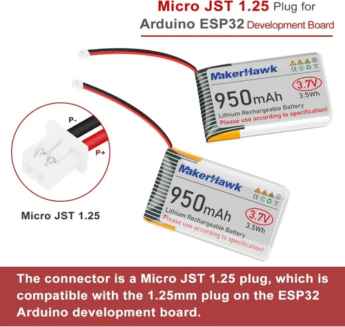 Vista 2 de MakerHawk Batería LiPo de 3.7 V 950 mAh recargable 1S 3C batería de polímero de litio con placa de protección cinta de goma aislada, enchufe micro