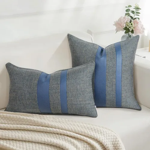 Vista 2 de Juego de 2 fundas de almohada decorativas de retazos para sofá, funda de cojín cuadrada de piel sintética para sofá, dormitorio, sala de estar, 18 x