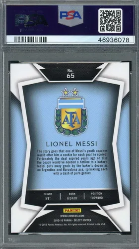 Vista 2 de Tarjeta calificada Lionel Messi 2015 Panini Select Jersey de fútbol a rayas #65 PSA 10