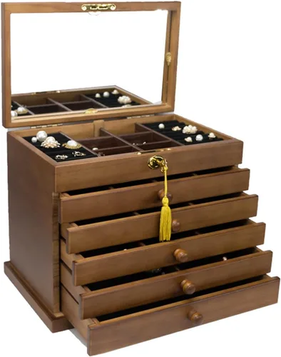 Vista 3 de ACULIP Necklace Organizer Jewelry Boxes for Women, Solid Wood Jewelry Box, Box Lock, Multi-Layer Wind Household Accessories