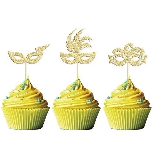 Vista 19 de Gyufise 24 máscaras de mascarada para cupcakes con purpurina para despedida de soltera, para cupcakes, comida y frutas, baile de máscaras, Mardi