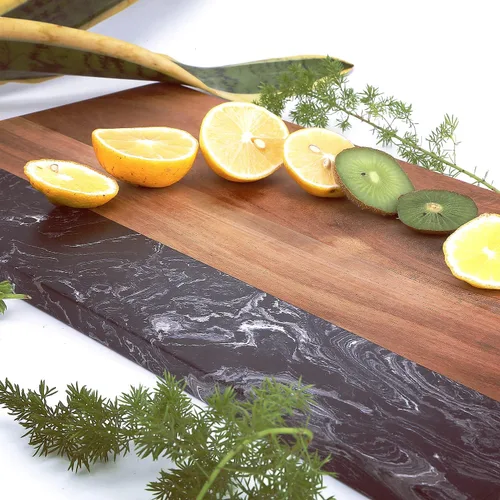 Vista 3 de Tabla de cortar con mármol negro y madera natural, 16 x 9 pulgadas, tabla de cortar para queso filete frutas pan (oblonga)