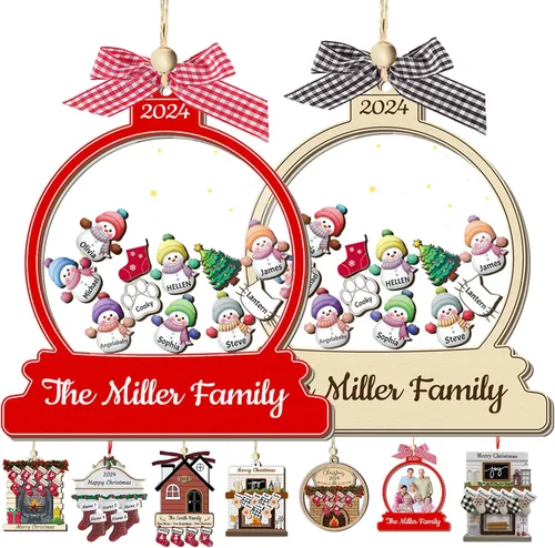 Vista 20 de Adornos de Navidad personalizados con nombres, muñeco de nieve, 8 piezas, adorno familiar personalizado, decoración colgante de madera para árbol