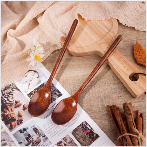 Vista 2 de AKOAK 2 cucharas de madera, cuchara de madera natural con mango largo, herramienta de cocina para el hogar, adecuada para restaurantes, hoteles