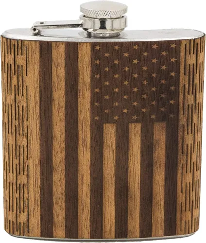 Vista 7 de WUDN Frasco de madera de 6 oz. - Cuerpo de acero inoxidable, bandera americana real