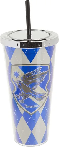 Vista 4 de Spoontiques Harry Potter - Vaso de aluminio, con pajilla y diseño de Ravenclaw, 20 onzas, acrílico, color azul