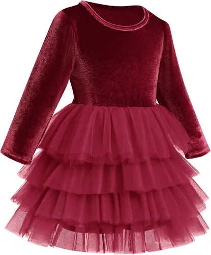 Vista 2 de Vestido de tutú de tul escalonado de terciopelo de manga larga para otoño e invierno para niñas y niñas