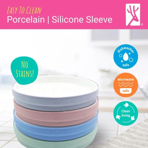 Vista 6 de Elk and Friends Platos blancos de porcelana para niños de 7.8 pulgadas con fundas de silicona, adecuados para bebés/niños pequeños, aptos