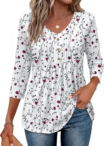 Vista 20 de Ekouaer Blusas de manga 3/4 para mujer, cuello en V, blusas plisadas casuales Boho Multicolor